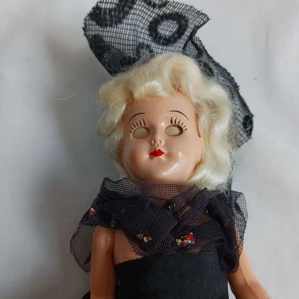 Vintage Open Shut Eye Doll Black Dress Blonde Hair